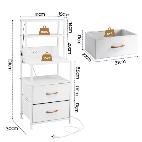 Artiss Bedside Table Tall Nightstand with Charging Station Drawers LED White