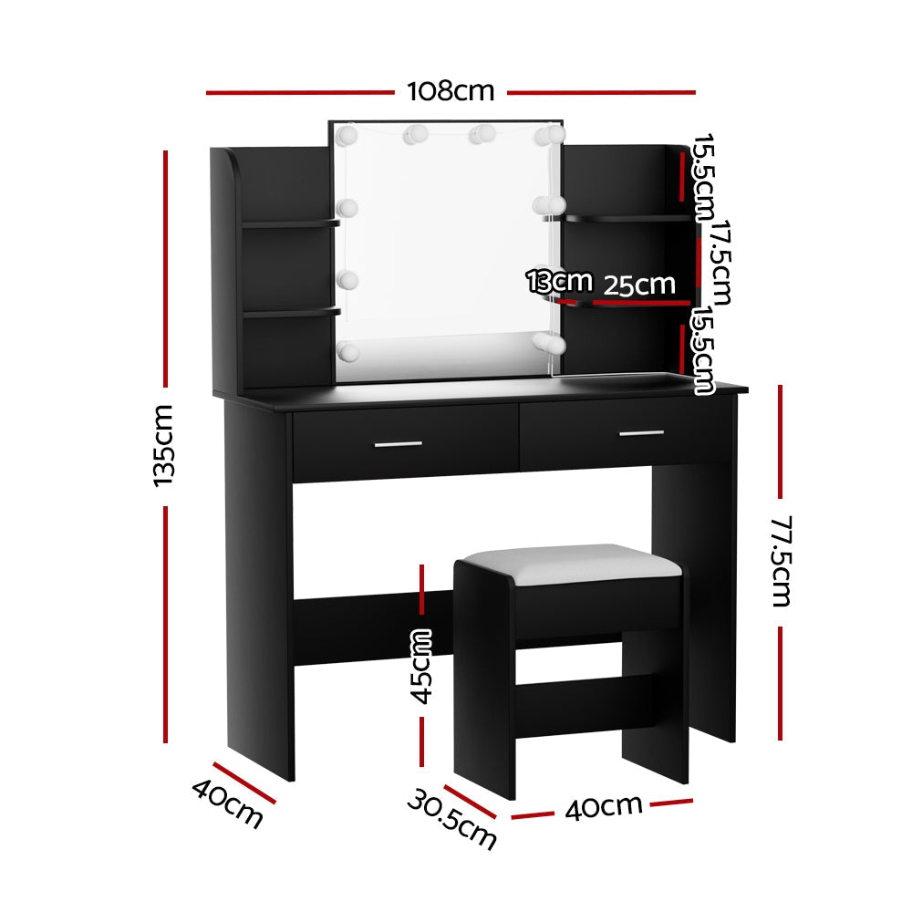 Artiss Dressing Table Set Stool 10 Led Bulbs Black Dulcea Chez Guru