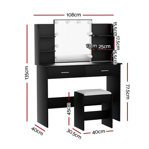 Artiss Dressing Table Set Stool 10 Led Bulbs Black Dulcea Chez Guru