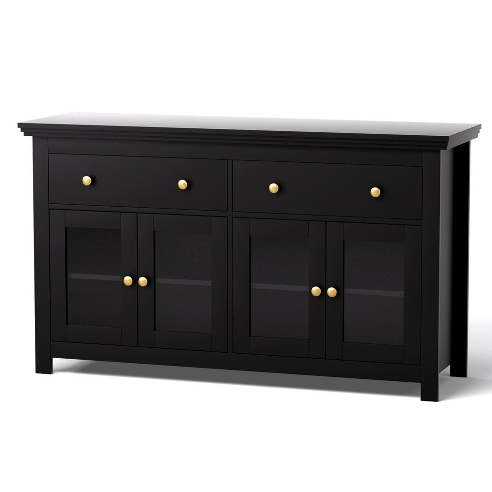 Black cabinet with glass doors and drawers on a white background
