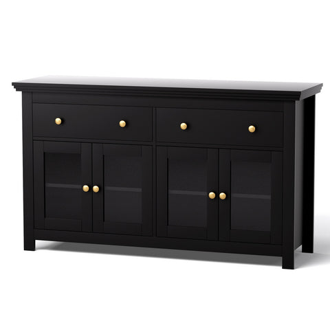 Black cabinet with glass doors and drawers on a white background