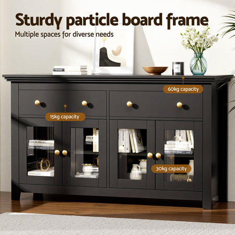 Artiss Buffet Sideboard – Black with Clear/Glass Door & Drawers | Kitchen | Dining Room Storage Cabinet