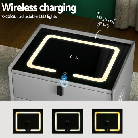Artiss Smart Bedside Table with Wireless Charging - AIKA Grey - Chez Guru