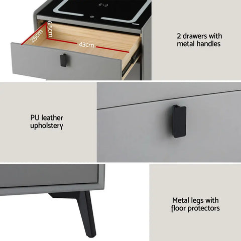 Artiss Smart Bedside Table with Wireless Charging - AIKA Grey - Chez Guru