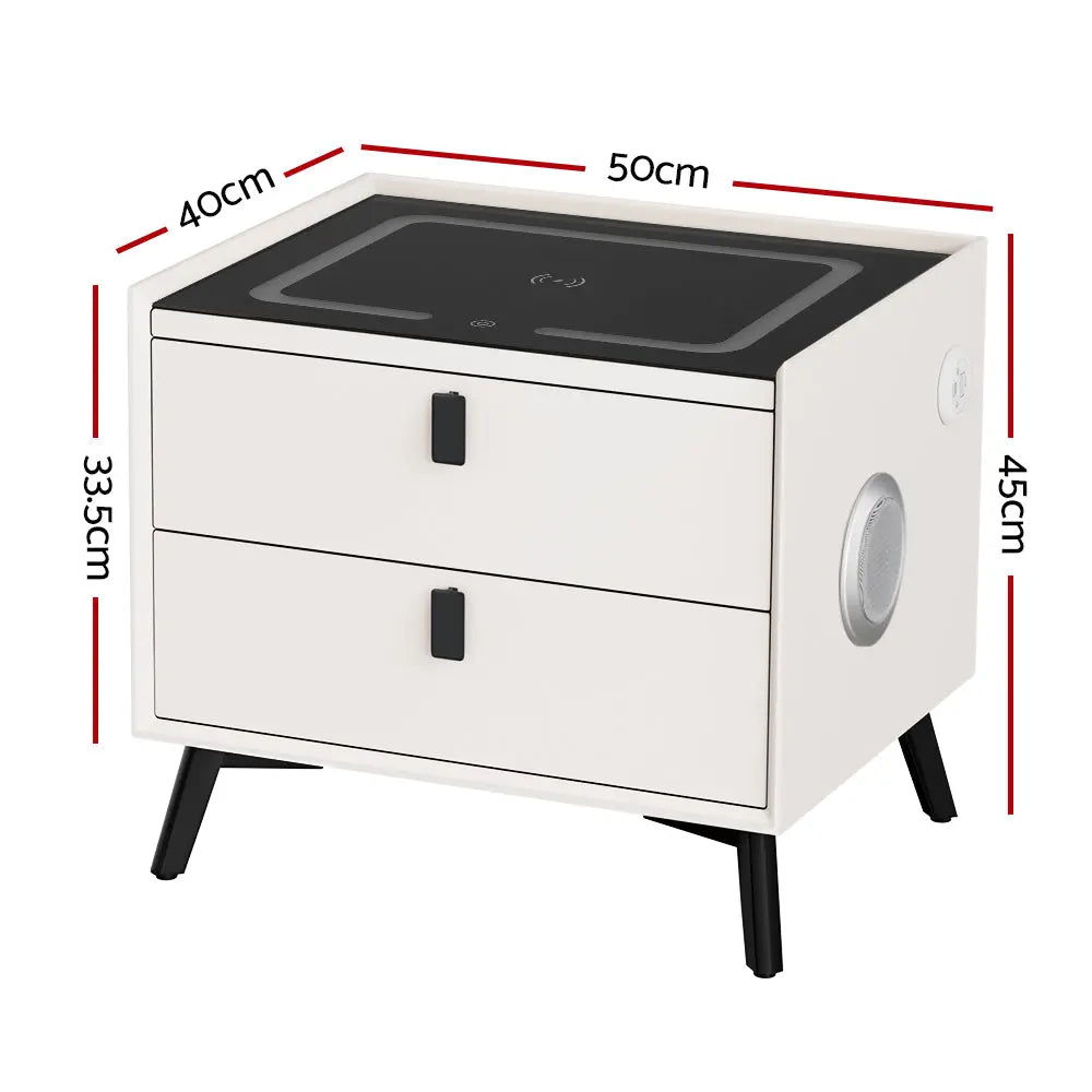 Artiss Smart Bedside Table 2 Drawers with Wireless Charging Ports LED White AIKA - Chez Guru