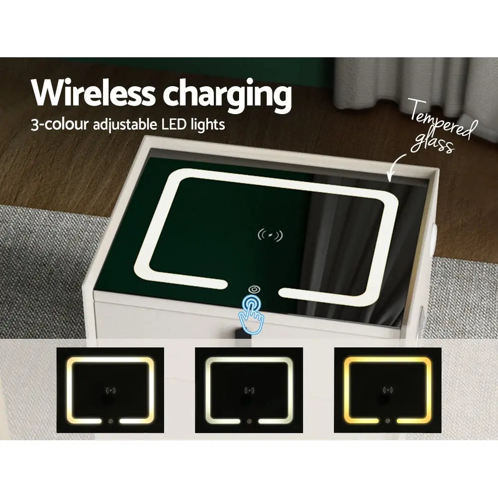 Artiss Smart Bedside Table 2 Drawers with Wireless Charging Ports LED White AIKA - Chez Guru