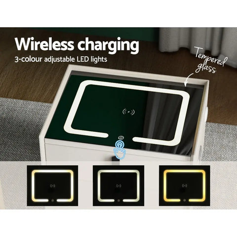 Artiss Smart Bedside Table 2 Drawers with Wireless Charging Ports LED White AIKA - Chez Guru