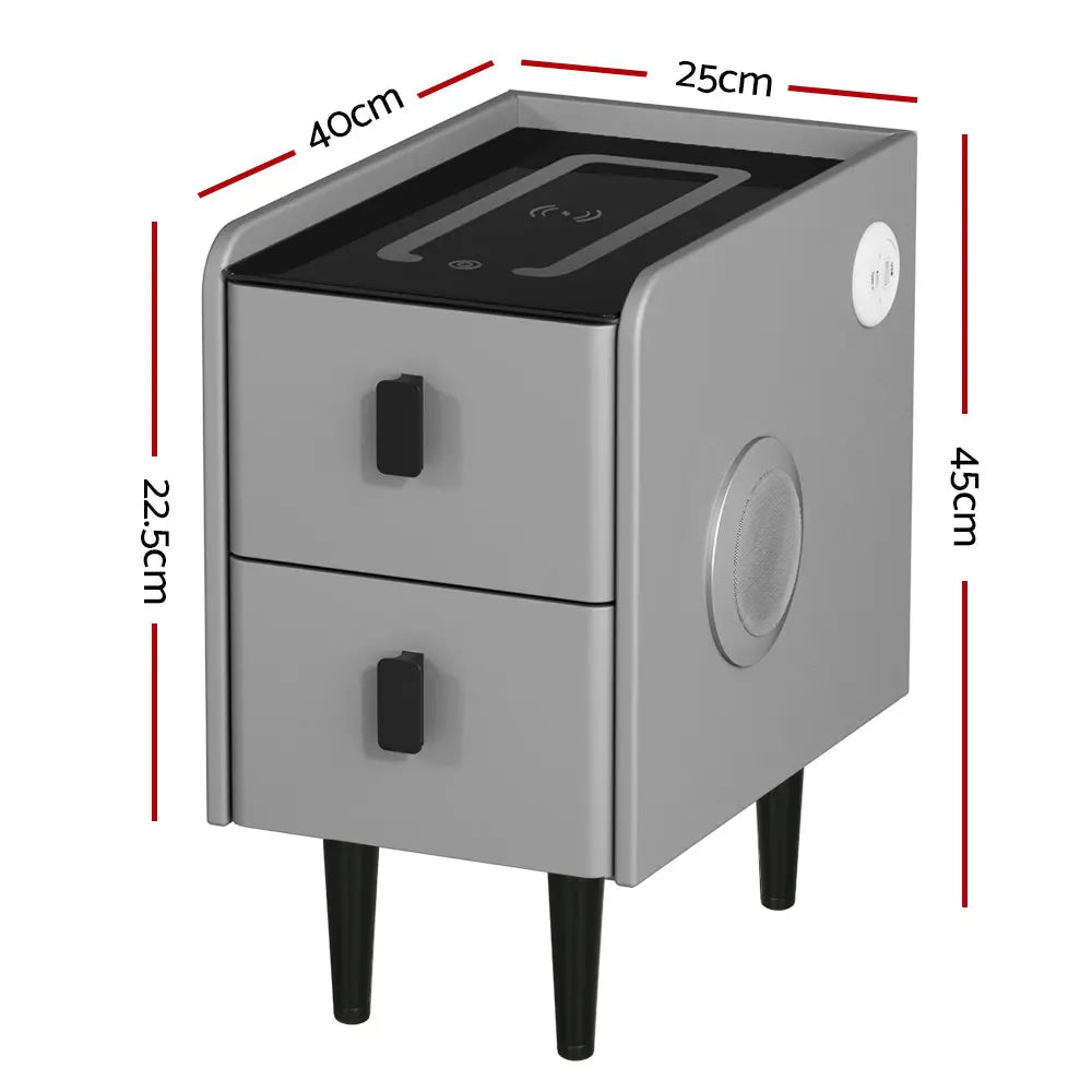 Artiss Smart Bedside Table 2 Drawers with Wireless Charging Ports LED Grey AIDA - Chez Guru
