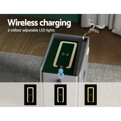 Artiss Smart Bedside Table 2 Drawers with Wireless Charging Ports LED Grey AIDA - Chez Guru