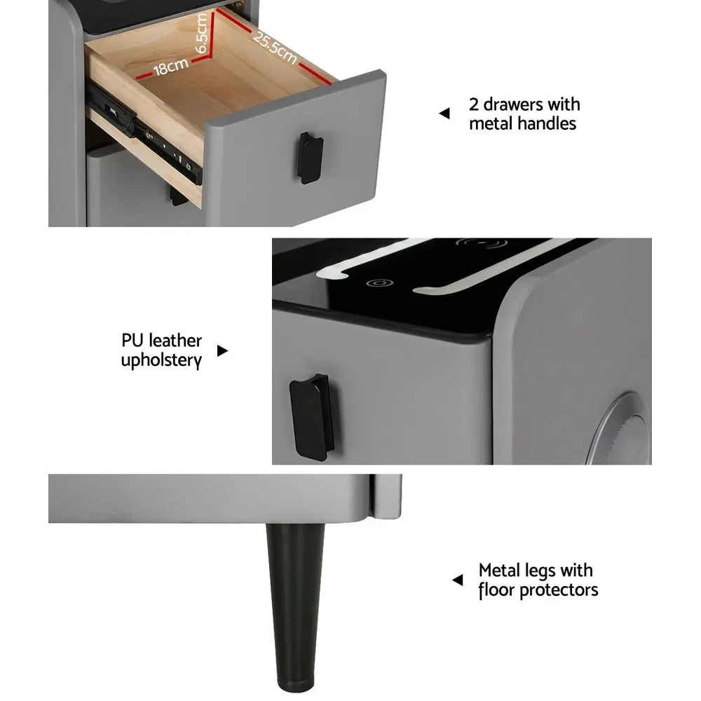 Artiss Smart Bedside Table 2 Drawers with Wireless Charging Ports LED Grey AIDA - Chez Guru