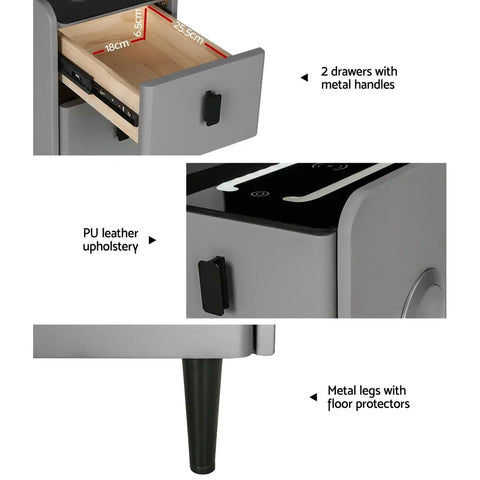 Artiss Smart Bedside Table 2 Drawers with Wireless Charging Ports LED Grey AIDA - Chez Guru