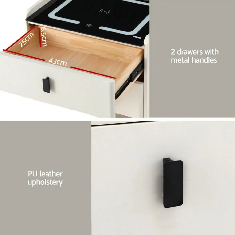 Artiss Smart Bedside Table Wireless Charging - BESS White - Chez Guru
