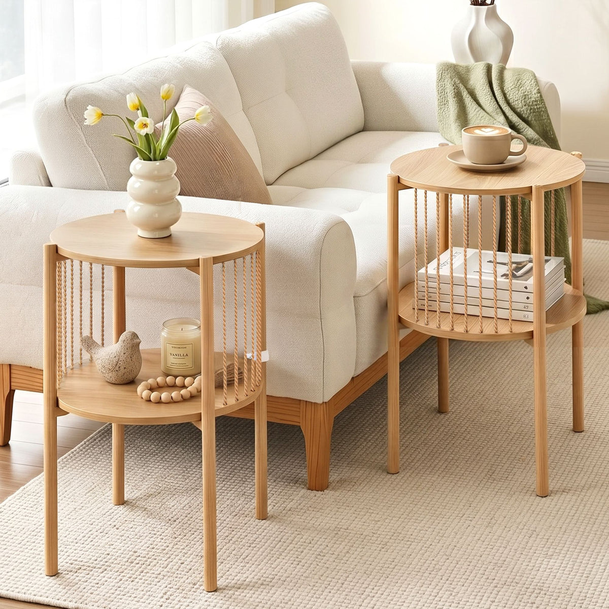 Artiss Set of 2 End Tables Coffee Table 2-Tier Round Wood