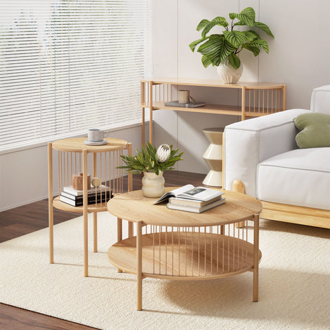 Artiss Set of 2 End Tables Coffee Table 2-Tier Round Wood