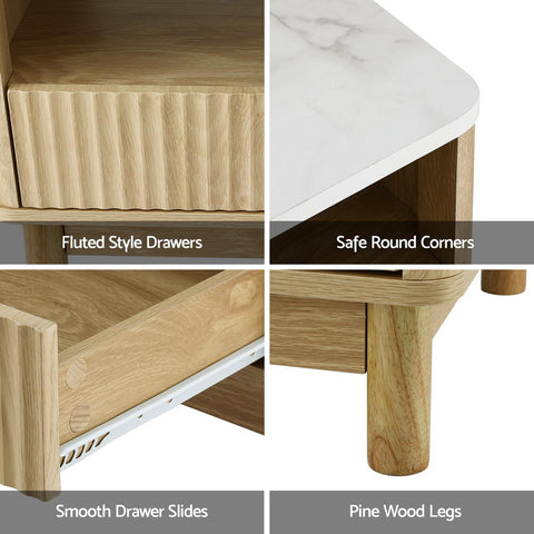 Artiss Coffee Table Drawer Shelf Marble Effect Wood&White