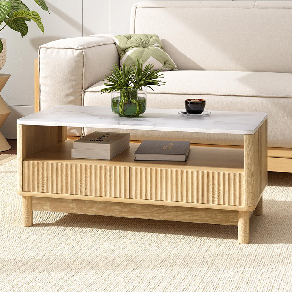 Artiss Coffee Table Drawer Shelf Marble Effect Wood&White