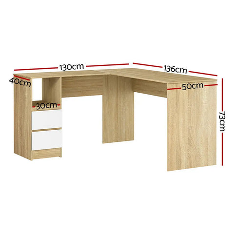 Artiss Computer Desk Drawer Cabinet L-Shape Oak 136CM Chez Guru