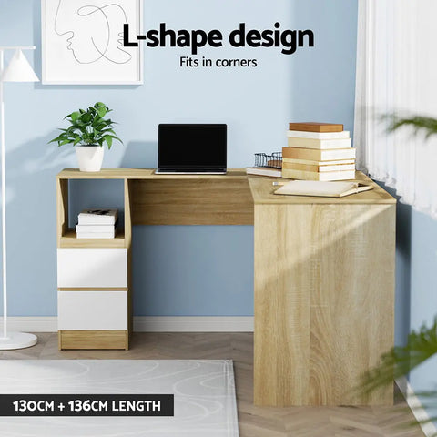 Artiss Computer Desk Drawer Cabinet L-Shape Oak 136CM Chez Guru