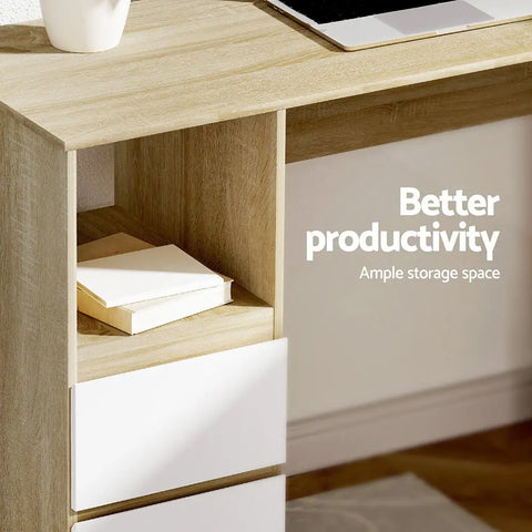 Artiss Computer Desk Drawer Cabinet L-Shape Oak 136CM Chez Guru