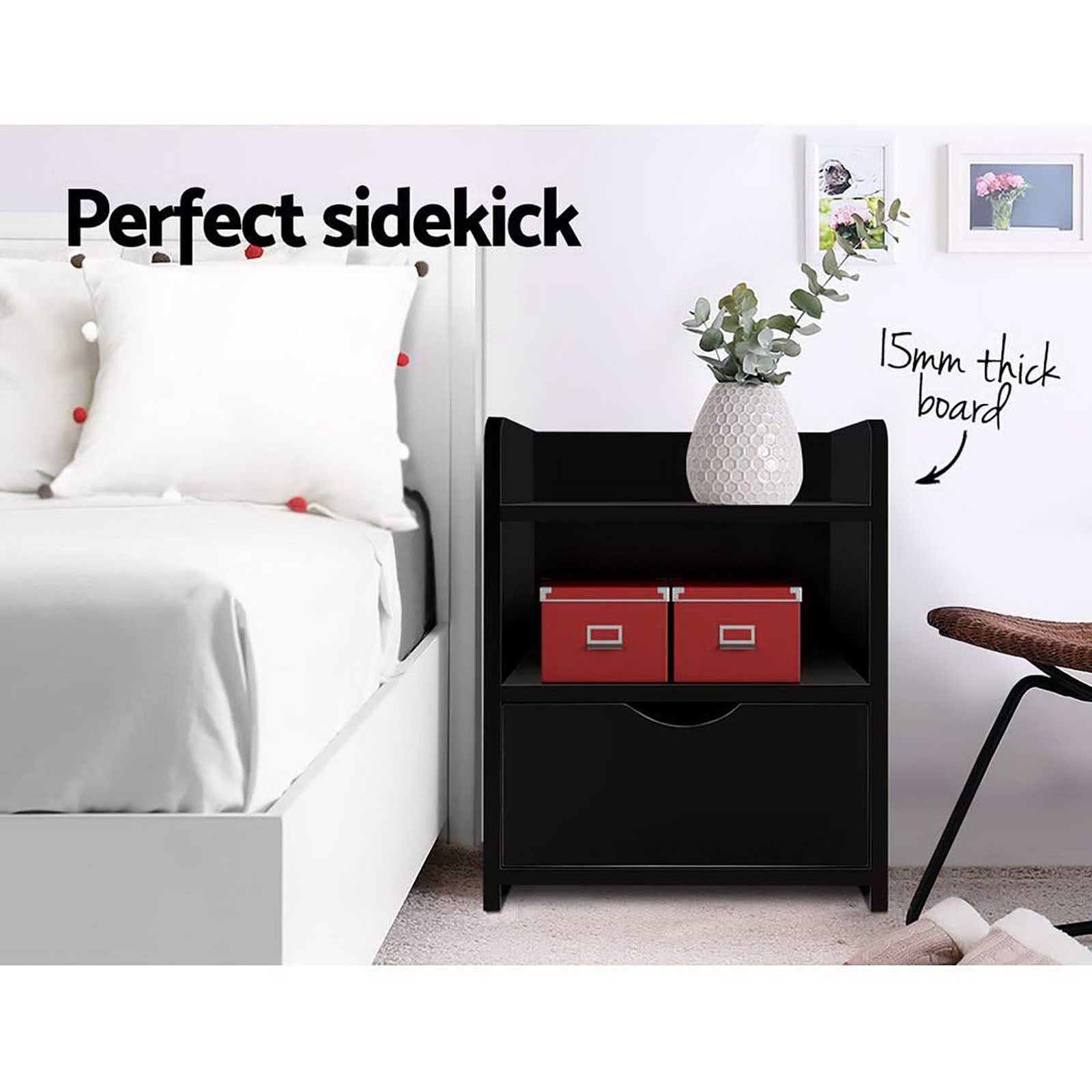 Artiss 2X Bedside Table 1 Drawer with Shelf - FARA Black Chez Guru