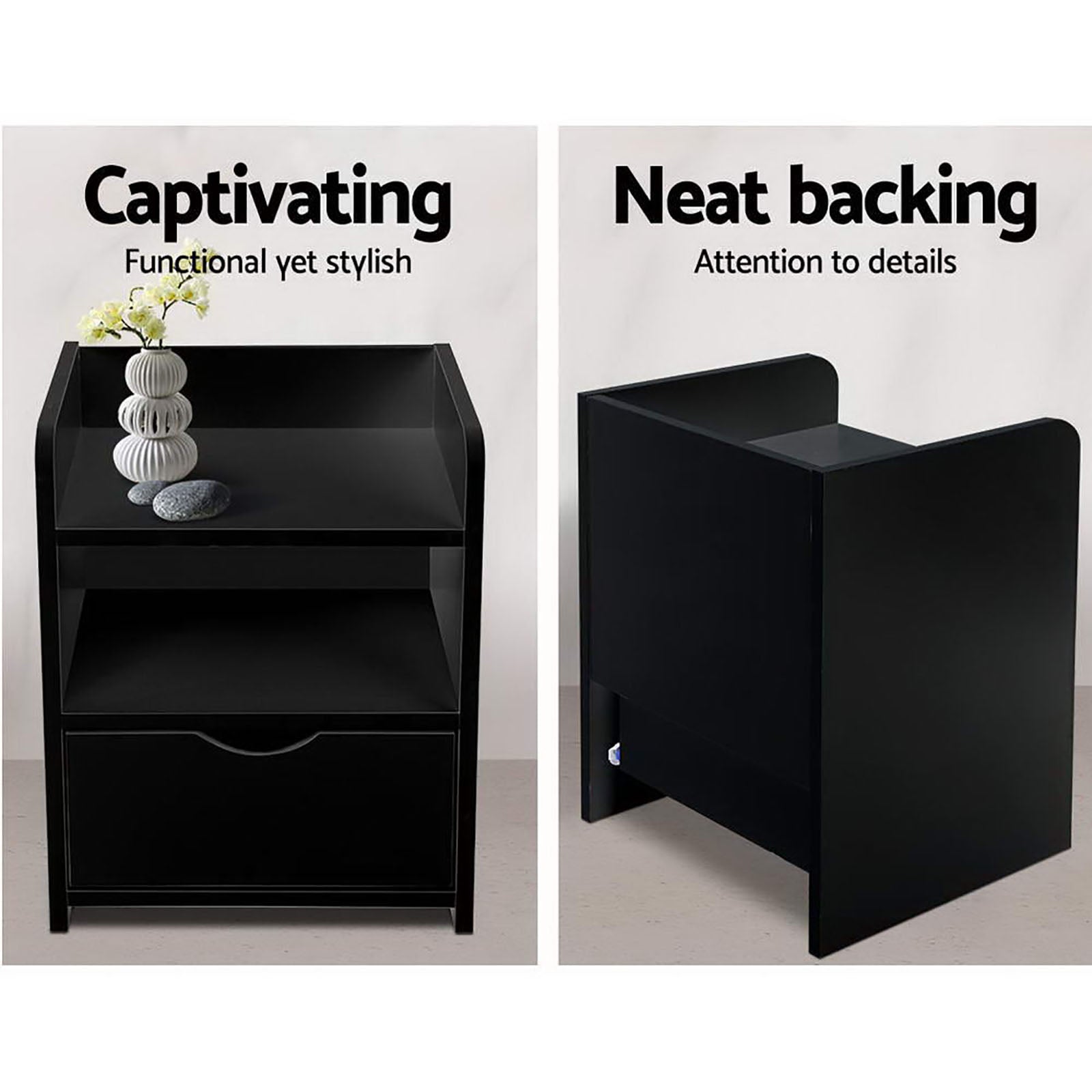 Artiss 2X Bedside Table 1 Drawer with Shelf - FARA Black Chez Guru