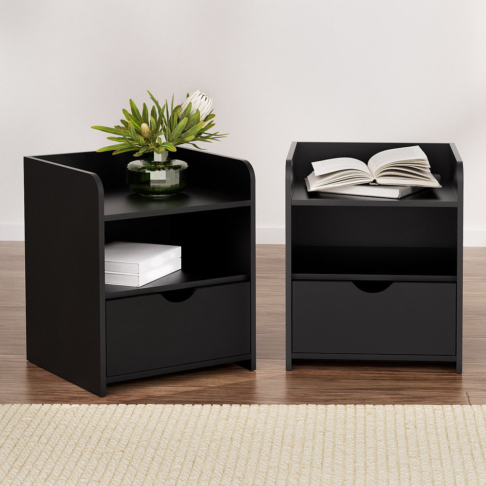 Artiss 2X Bedside Table 1 Drawer with Shelf - FARA Black Chez Guru