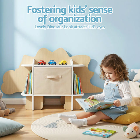 Keezi Dinosaur Kids Bookshelf 2-Tier Children's Bookcase Wooden with with Fabric Drawer, Toddler Bookshelf Toy Storage Organizer for Preschool, Kids Room, Playroom, Nursery