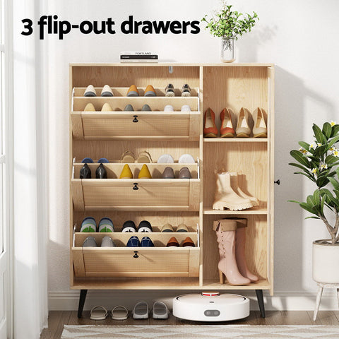 Artiss Shoe Rack Cabinet 3 Flip-out Drawers Pine Chez Guru