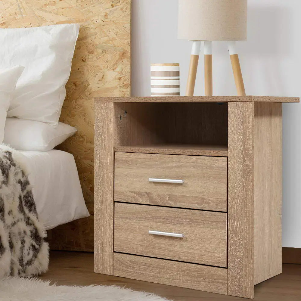 Artiss Bedside Table 2 Drawers with Shelf - TARA Oak - Chez Guru