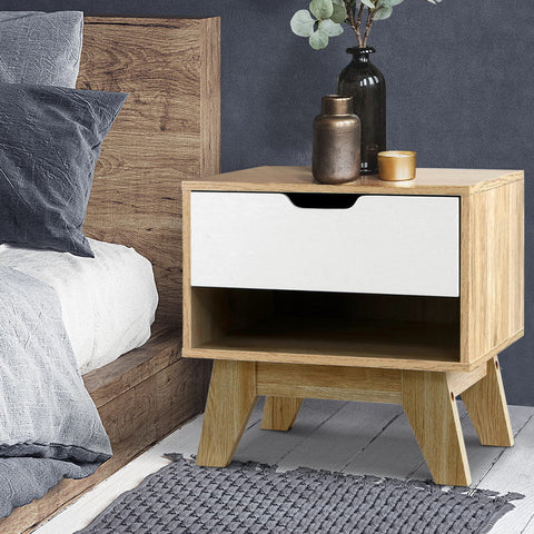 Artiss Bedside Table 1 Drawer with Shelf - IKER White & Oak Chez Guru