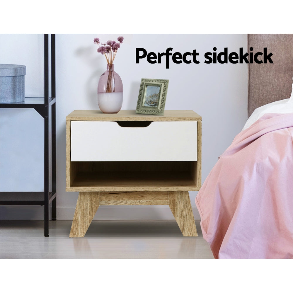 Artiss Bedside Table 1 Drawer with Shelf - IKER White & Oak Chez Guru
