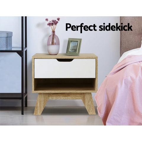 Artiss Bedside Table 1 Drawer with Shelf - IKER White & Oak Chez Guru