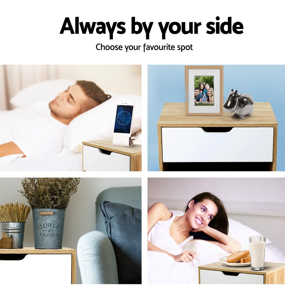 Artiss Bedside Table 1 Drawer with Shelf - IKER White & Oak Chez Guru