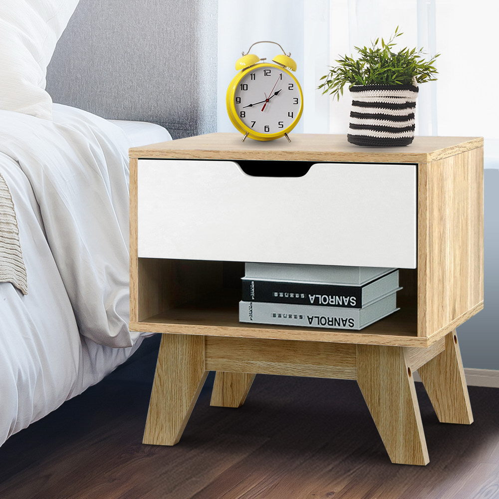 Artiss Bedside Table 1 Drawer with Shelf - IKER White & Oak Chez Guru