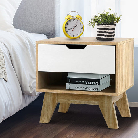 Artiss Bedside Table 1 Drawer with Shelf - IKER White & Oak Chez Guru