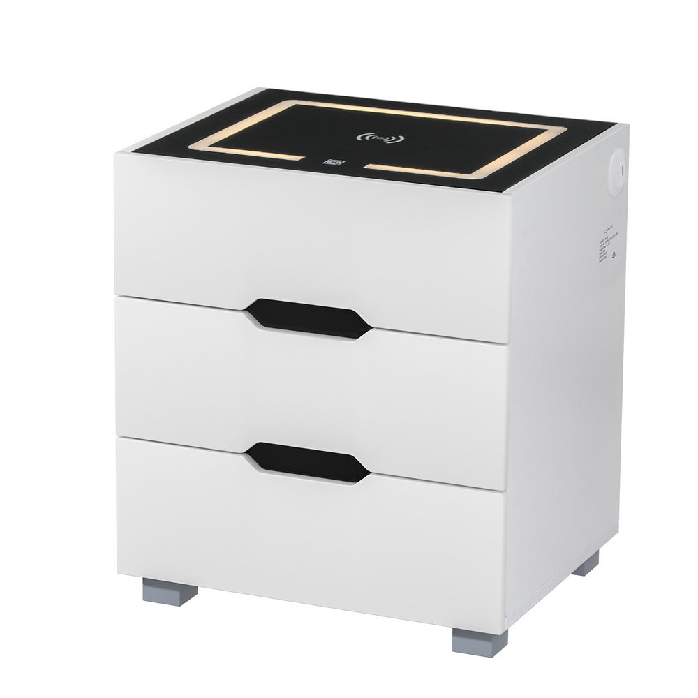Artiss Smart Bedside Table 3 Drawers with Wireless Charging Ports LED White ADAD Chez Guru