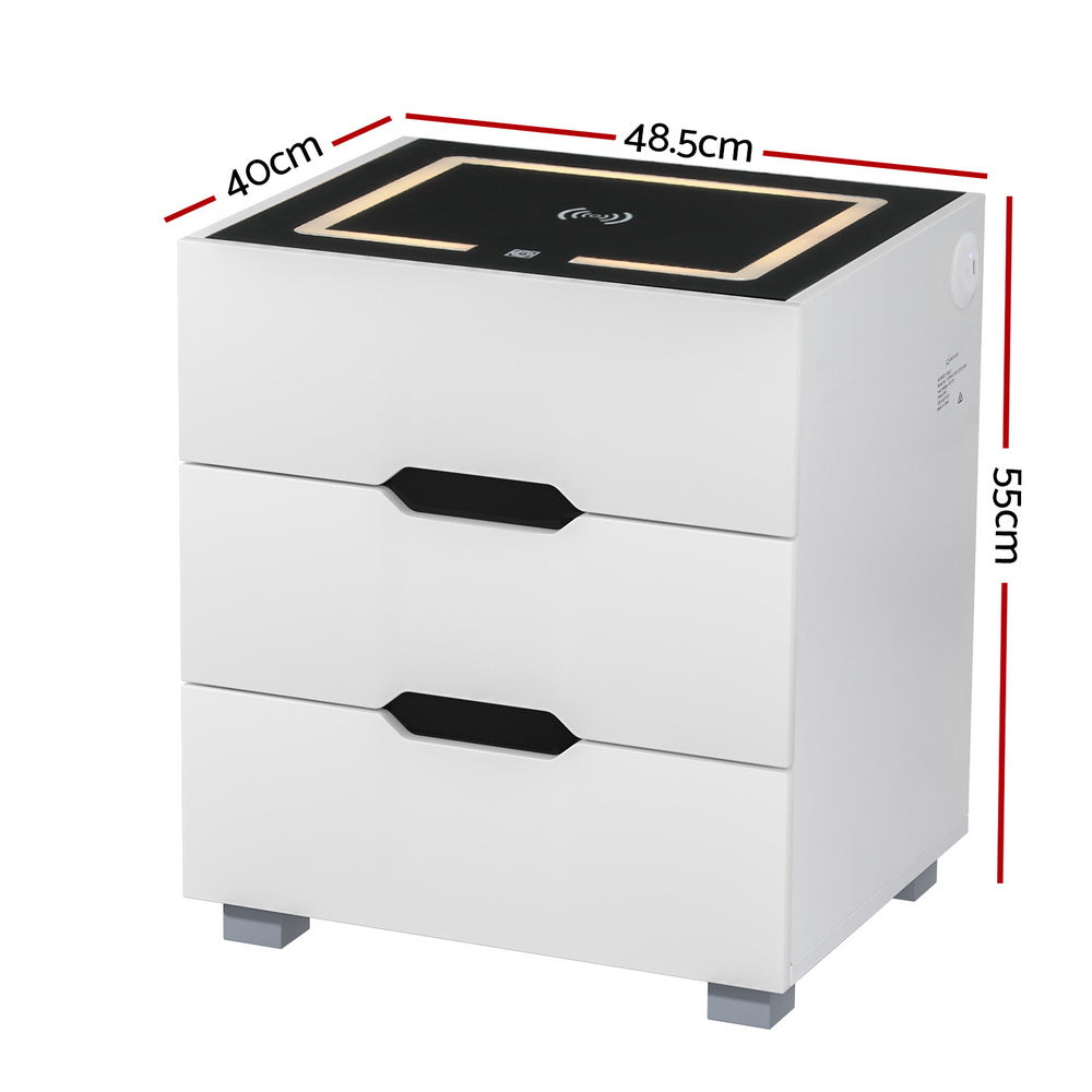 Artiss Smart Bedside Table 3 Drawers with Wireless Charging Ports LED White ADAD Chez Guru