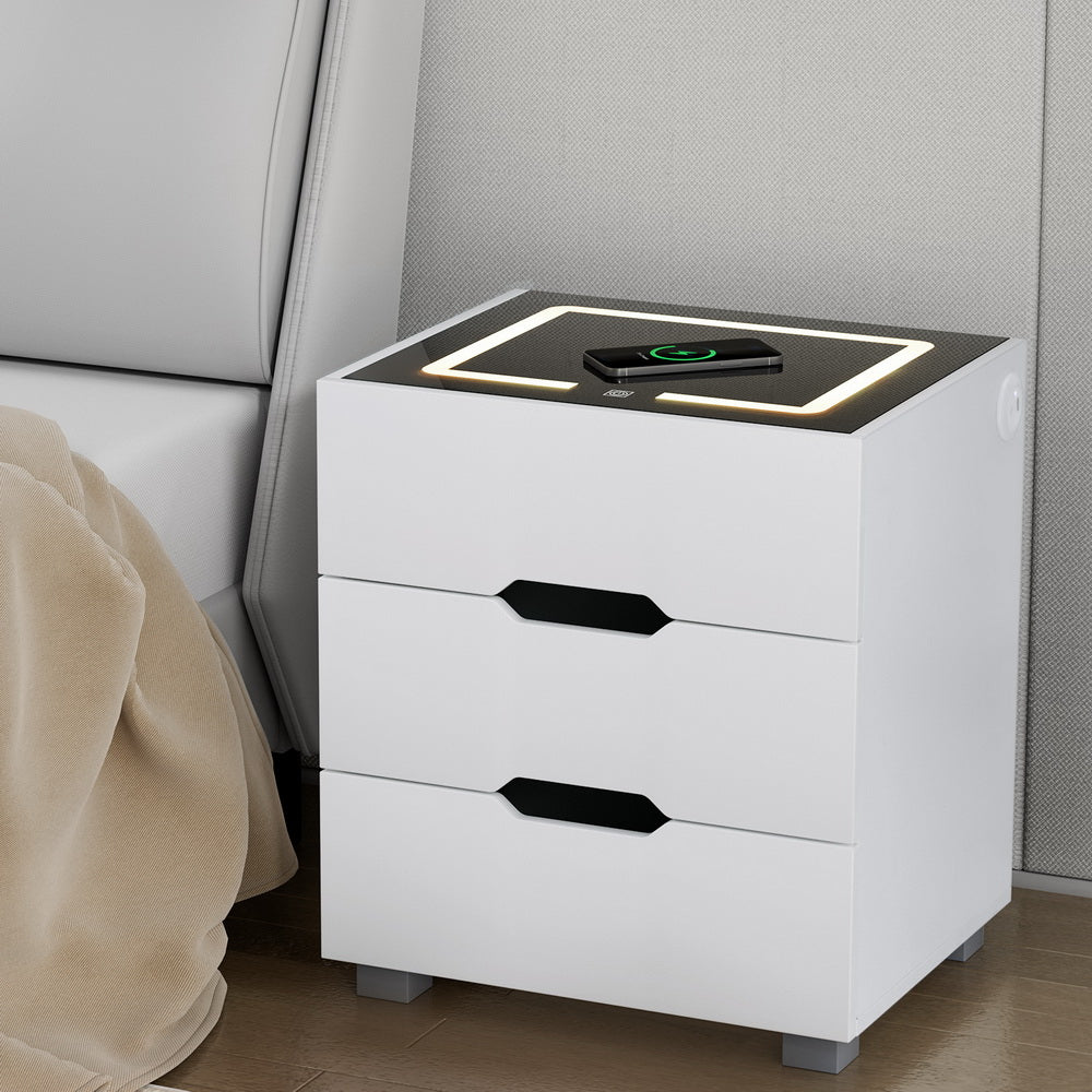 Artiss Smart Bedside Table 3 Drawers with Wireless Charging Ports LED White ADAD Chez Guru