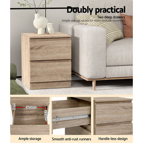 Artiss 2x Bedside Table 2 Drawers - PEPE Oak Chez Guru