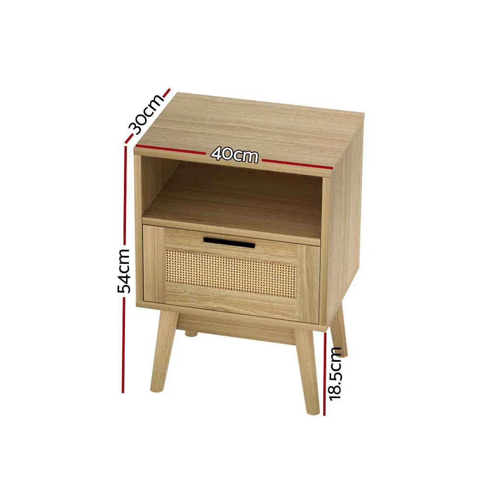 Artiss Rattan Bedside Table 1 Drawer with Shelf - REI Oak - Chez Guru