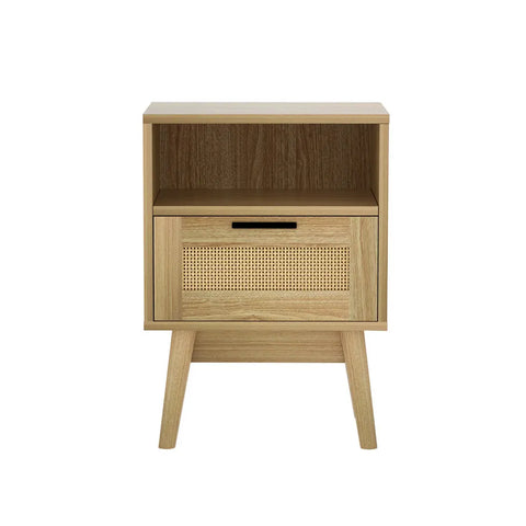 Artiss Rattan Bedside Table 1 Drawer with Shelf - REI Oak - Chez Guru