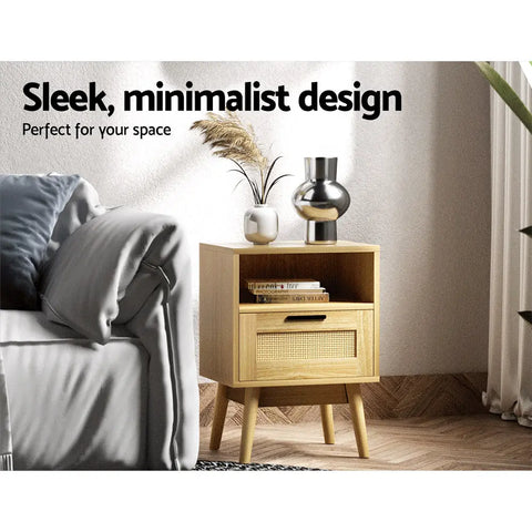Artiss Rattan Bedside Table 1 Drawer with Shelf - REI Oak - Chez Guru