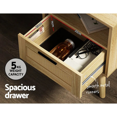 Artiss Rattan Bedside Table 1 Drawer with Shelf - REI Oak - Chez Guru