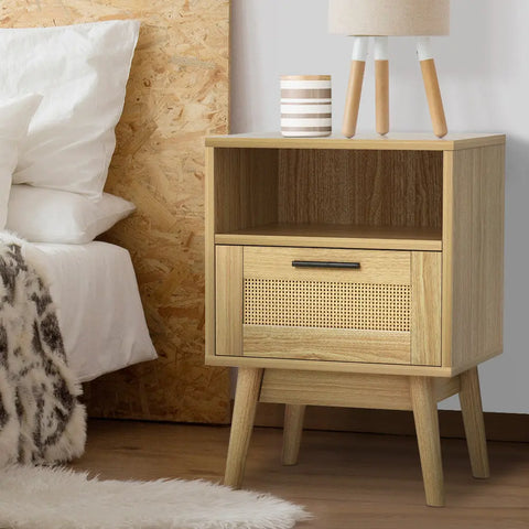 Artiss Rattan Bedside Table 1 Drawer with Shelf - REI Oak - Chez Guru