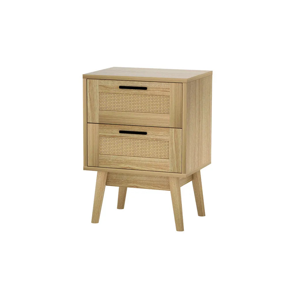 Artiss Rattan Bedside Table 2 Drawers Wood - RIE Oak - Chez Guru