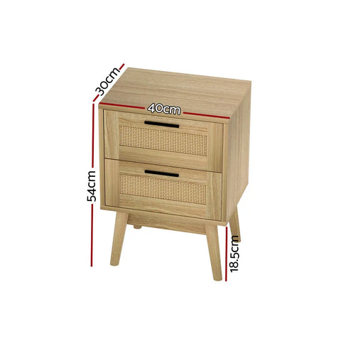 Artiss Rattan Bedside Table 2 Drawers Wood - RIE Oak - Chez Guru