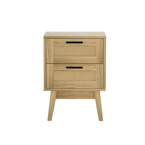 Artiss Rattan Bedside Table 2 Drawers Wood - RIE Oak - Chez Guru