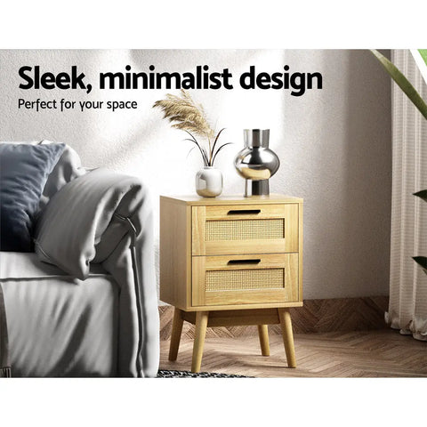 Artiss Rattan Bedside Table 2 Drawers Wood - RIE Oak - Chez Guru