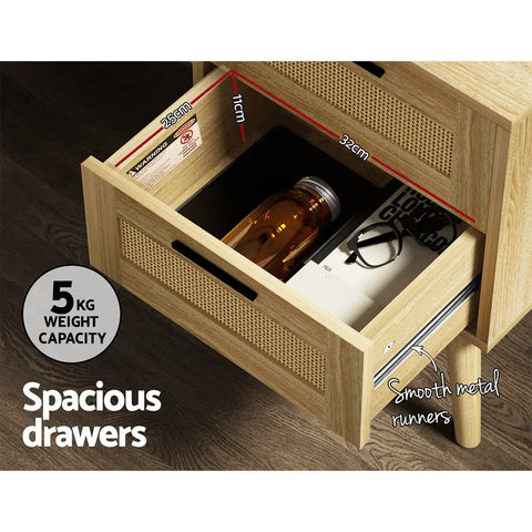 Artiss Rattan Bedside Table 2 Drawers Wood - RIE Oak - Chez Guru