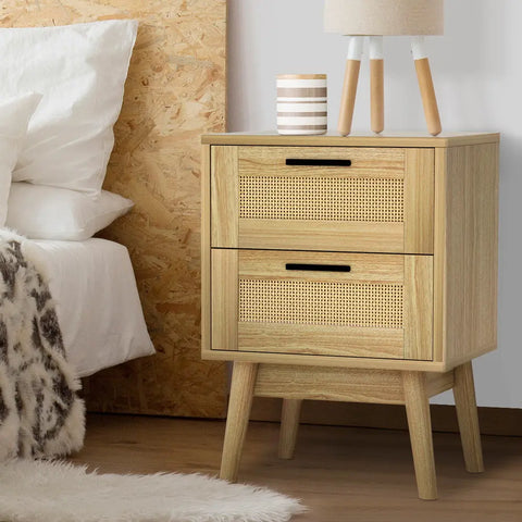 Artiss Rattan Bedside Table 2 Drawers Wood - RIE Oak - Chez Guru